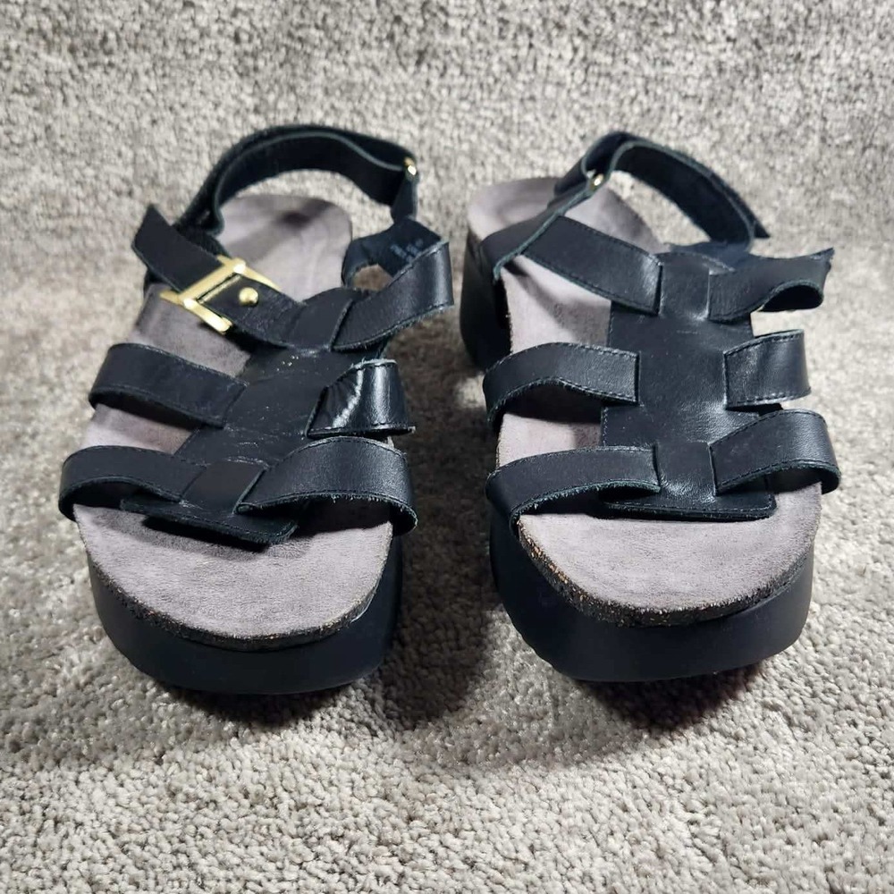 Munro Flynn Sandals Black Leather Platform Wedge Strappy Womens 9.5M